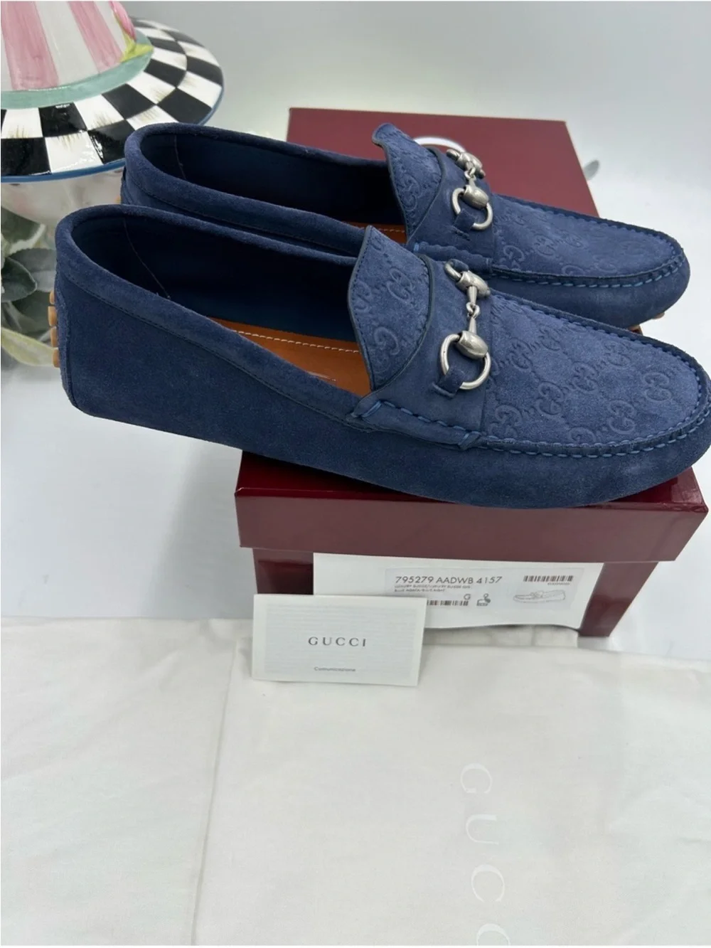 Men’s Gucci GG embossed blue suede driver loafer size 9 fits 10 US made in Italy
